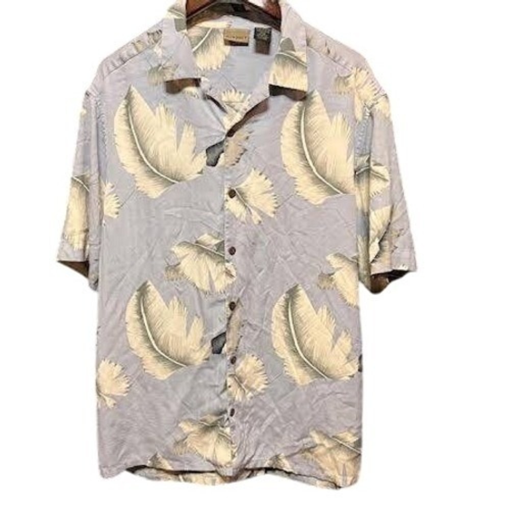 100% Silk Floral Hawaiian Shirt Mens Aloha Palm Leaf Beige‎ Blue Short Sleeve
